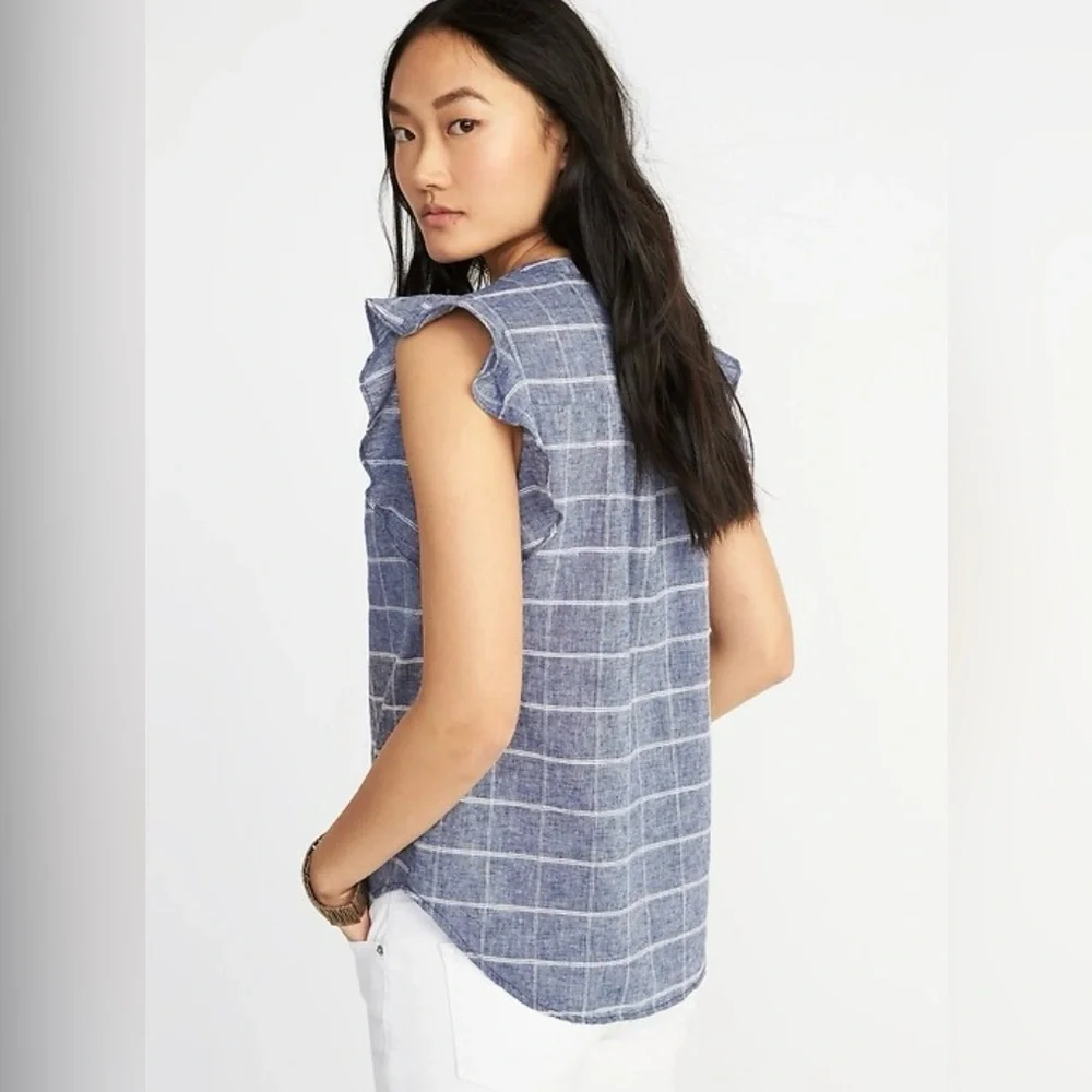 Sleeveless Ruffle Trim Dobby-Windowpane Linen Blend Top Rounded Split Neckline - Picture 2 of 4